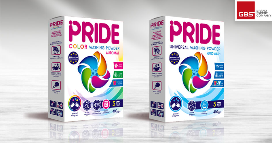 Packaging design for TM PRIDE washing powder from GBS Brand Expert Company